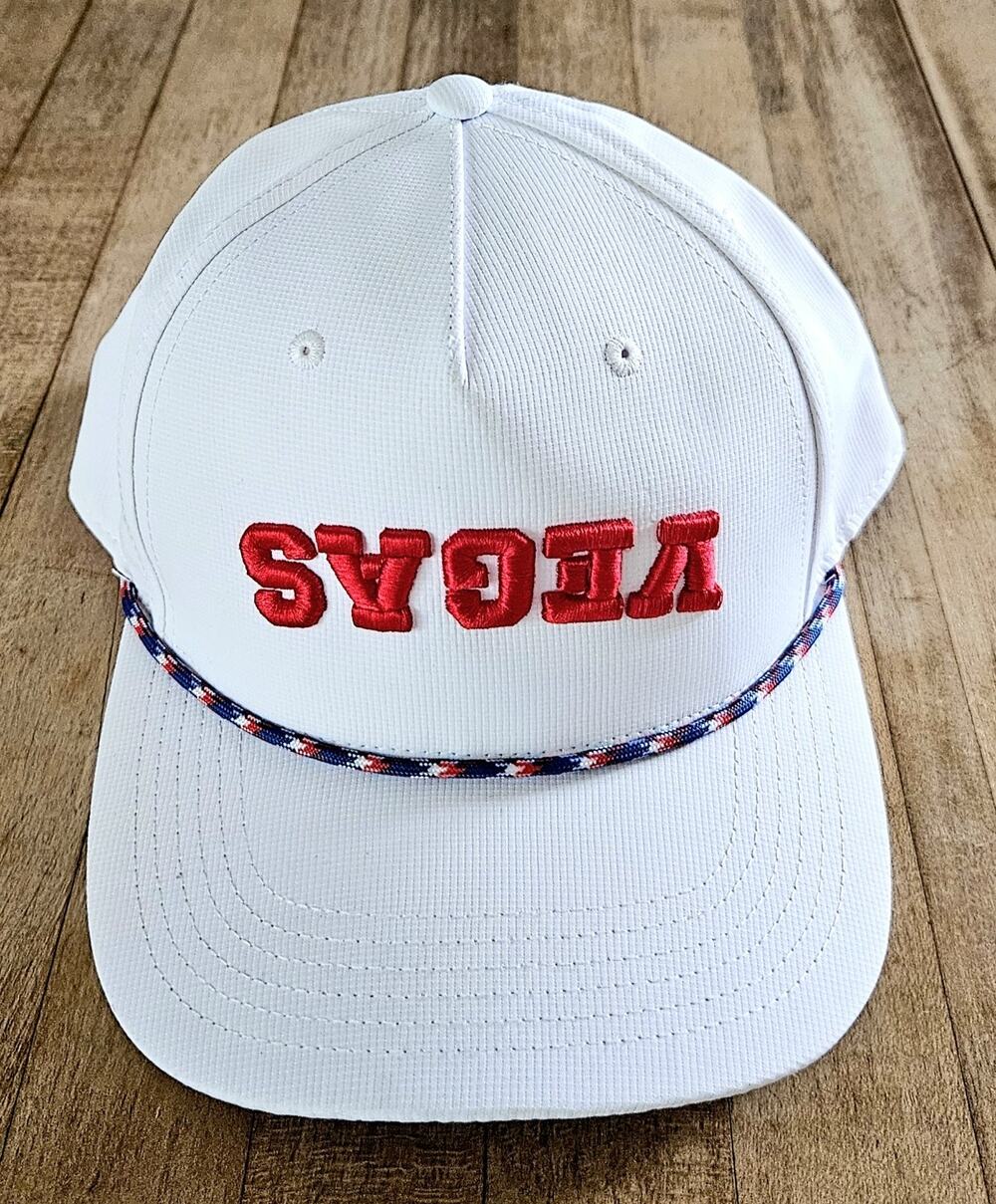 Vegas UPSIDE DOWN Logo Snapback Hat White, Red Logo OOAK By Cap America